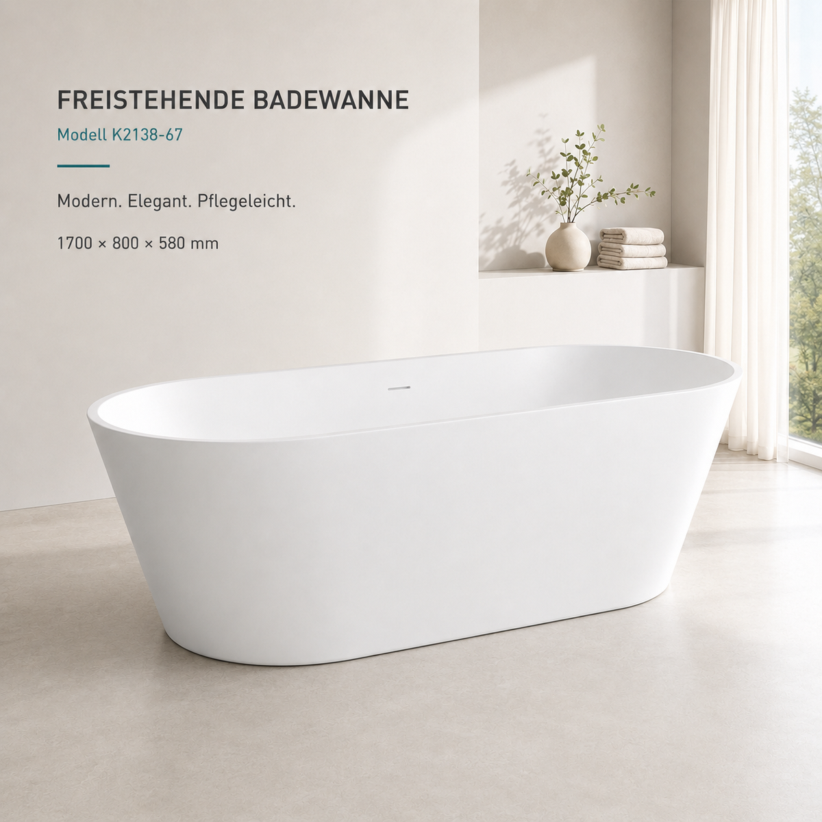 Freistehende Acryl-Badewanne K2138-67 – 170 × 80 cm
