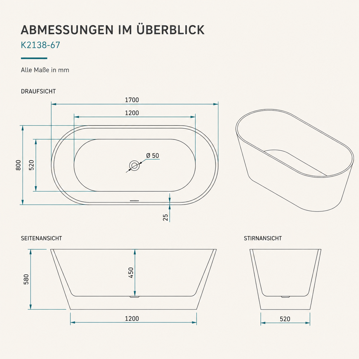Freistehende Acryl-Badewanne K2138-67 – 170 × 80 cm