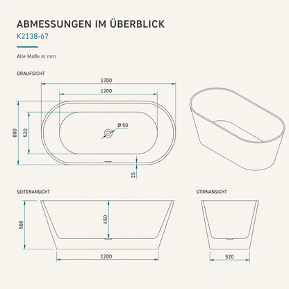 Freistehende Acryl-Badewanne K2138-67 – 170 × 80 cm
